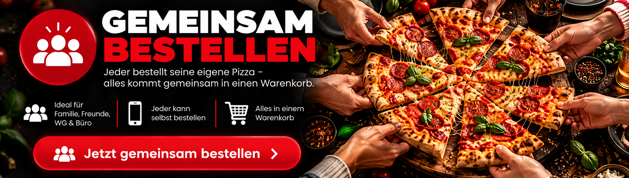 Gemeinsam bestellen: Jeder bestellt seine eigene Pizza und alles kommt gemeinsam in einen Warenkorb.