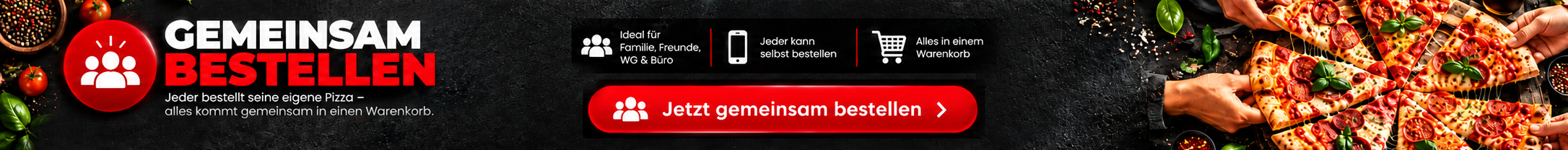 Gemeinsam bestellen: Jeder bestellt seine eigene Pizza und alles kommt gemeinsam in einen Warenkorb.